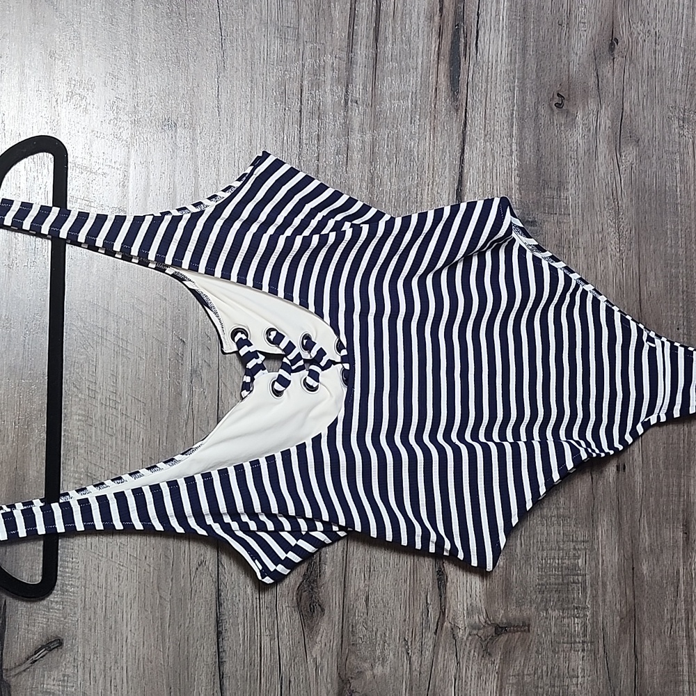 Aerie Striped Ribbed Lace Up Swimsuit Navy and White - Picture 9 of 10